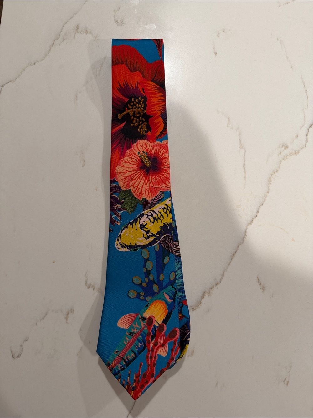 Paul Smith Blue Tie with Red, Yellow and Pink Floral & Koi Print - NEW
